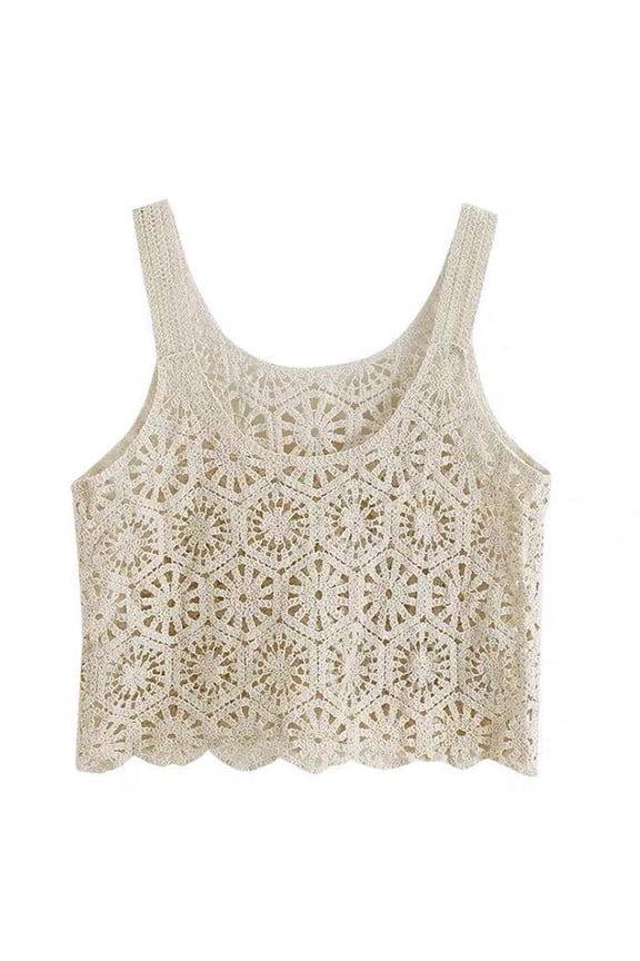 Women Vintage Crochet Cropped Tank Top Boho Hollow Out Knitted Floral Pattern Camisole Summer Beach Sleeveless Cover Up Vest Shirts