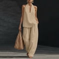 thumbnail image 2 of Evdexr Linen Sets for Women 2 Piece Sleeveless V Neck Tops Wide Leg Pants Outfit Set Boho Casual Vacation Beach Lounge Suits with Pockets Beige XL, 2 of 8