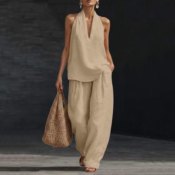 Womens 2 Piece Linen Outfits Sleeveless Halter Top Wide Leg Pants Matching Lounge Sets Summer Casual Outfits