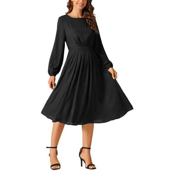 INSPIRE CHIC Women's Long Sleeve Crewneck Casual Dress High Waist Pleated a Line Flowy Dresses
