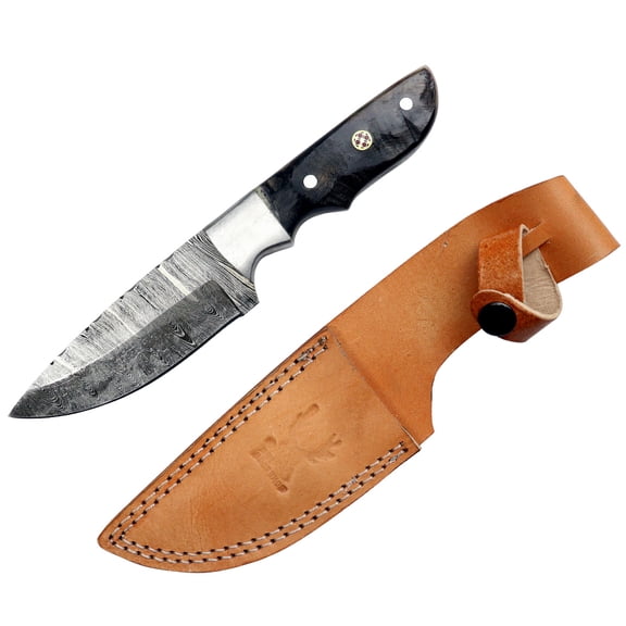 TheBoneEdge 9" Black Ram Handle Steel Bolster Damascus Blade Hunting Knife with Leather Sheath