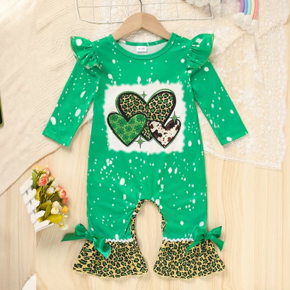 ZEHJUHAN Newborn Baby Girl's Clover & Leopard Print Romper Crew Neck Ruffle Long Sleeve Bell Bottom Onesie Green,0-3M