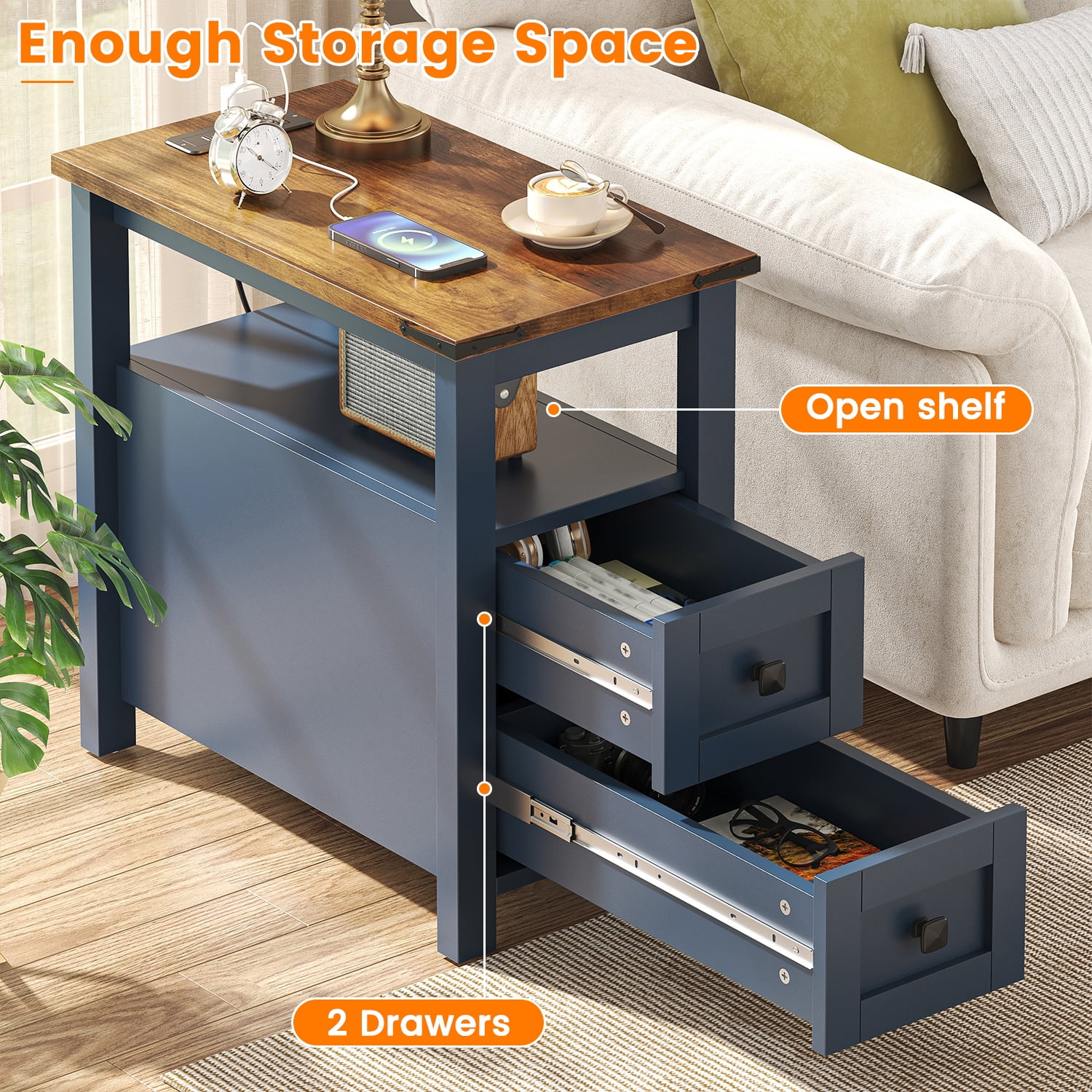 VVFLU Farmhouse End Table with Charging Station, Blue Nightstand Narrow, Skinny Slim Small, Bedroom
