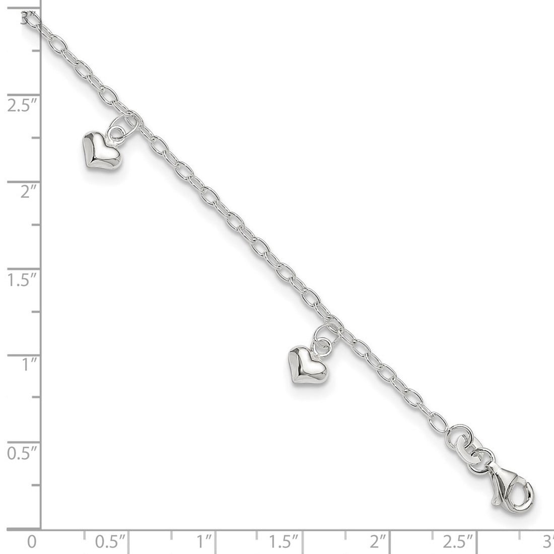 7mm 925 Sterling Silver Polished Puffed Love Heart Plus 1in Extension Anklet 10 Inch Anklet for Women