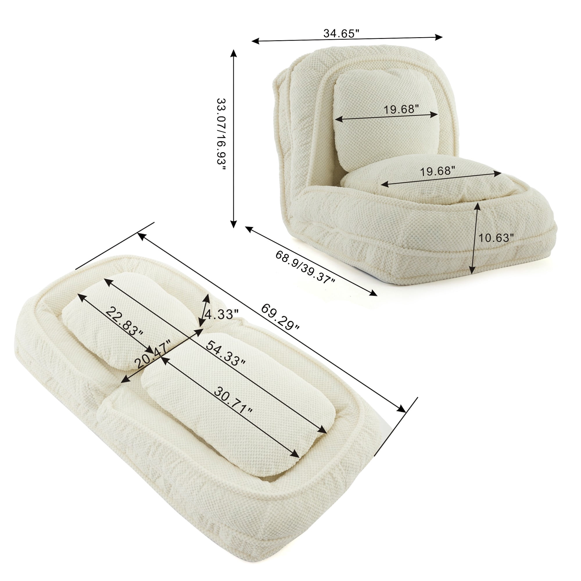 Aukfa Fold Lazy Sofa Bed,Floor Chair Small Couch with 5 Adjustable for Living Room, White