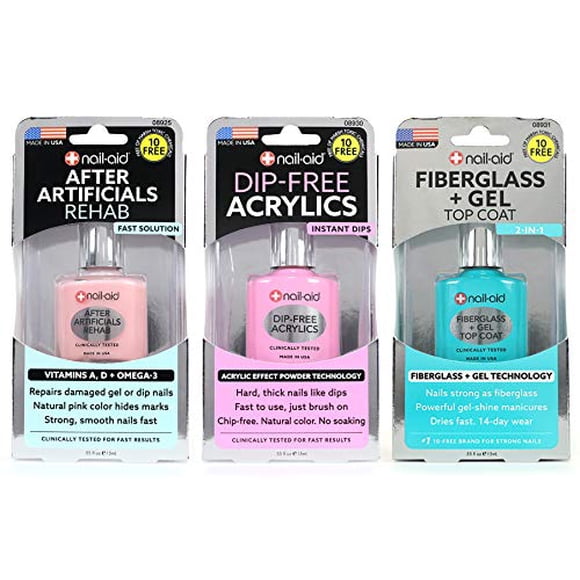 Nail-Aid, paquete de 3 unidades de After Artificials, acrílicos sin inmersión, fibra de vidrio y capa superior en gel