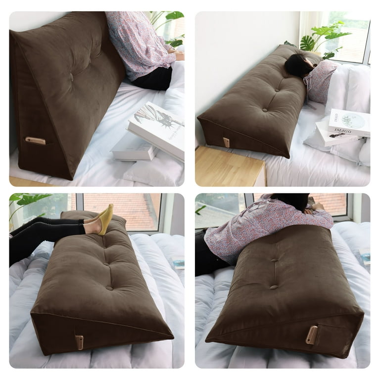 Balus Large Triangular Headboard with Side Pockets, Velvet Bolster Pillow Headboard, Bed Back Pillow with Removable Cover, Headboard Backrest Support