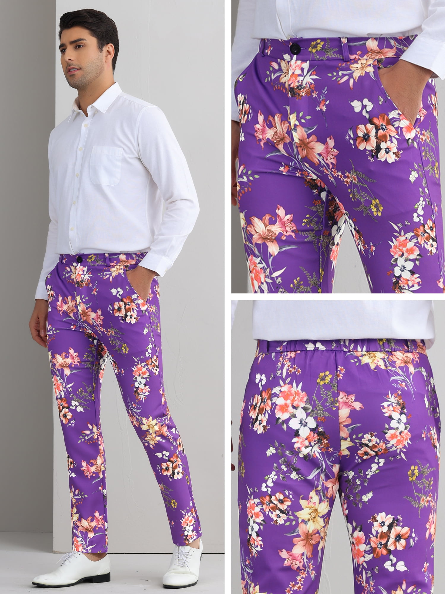 DARING DIVA Men's Floral Printed Contrasting Colors Flat Front Pants 32 Purple
