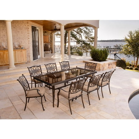 Hanover Traditions 9-Piece Rust-Free Aluminum Outdoor Patio Dining Set with Tan Cushions, 8 Dining Chairs, and Tempered Glass Rectangular Dining Table, TRADDN9PCG