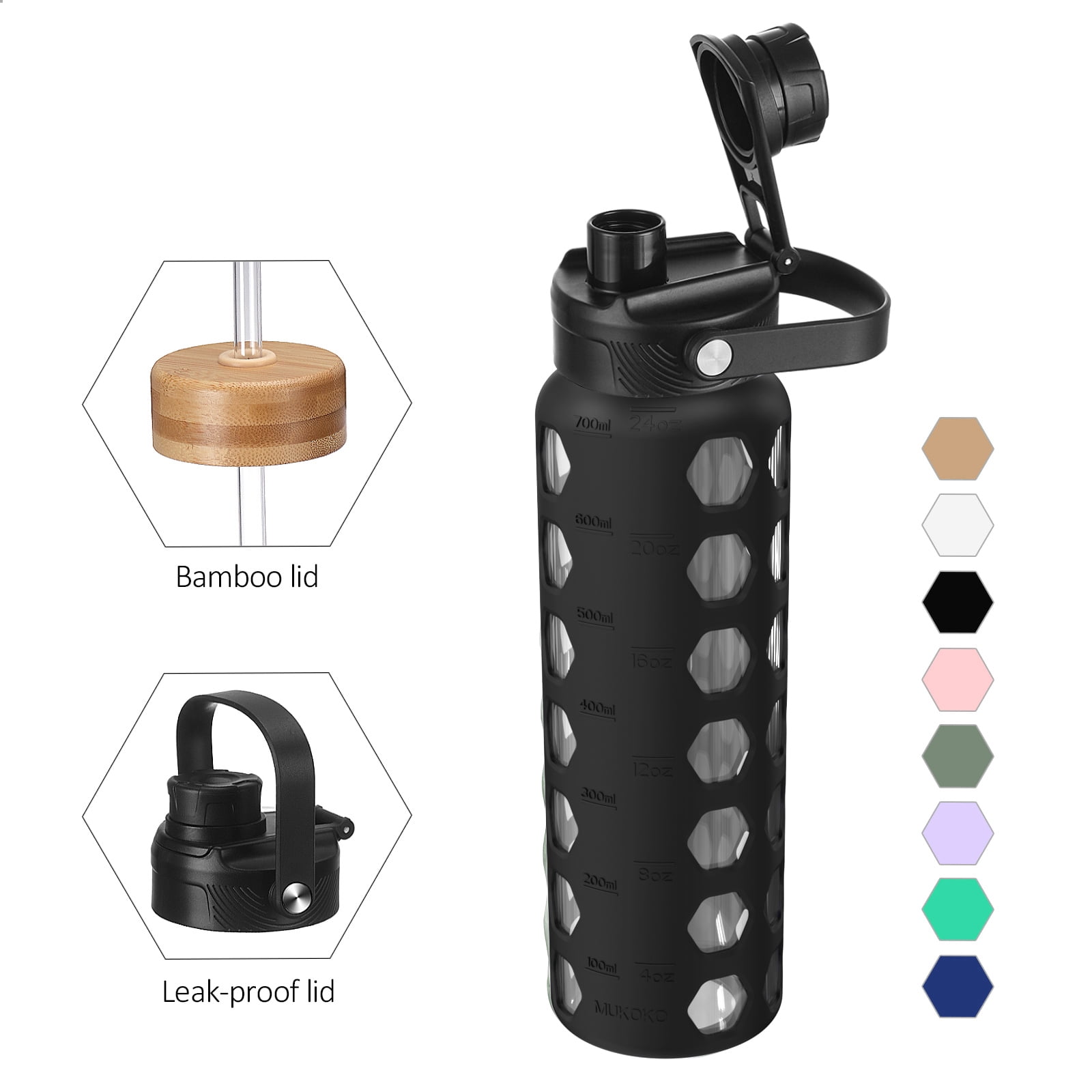 MUKOKO 24oz Glass Water Bottles, Motivational Water Tumbler with 2 Lids-Handle Spout Lid&Bamboo Straw Lid, Time Marker Reminder and Silicone Sleeve, Black