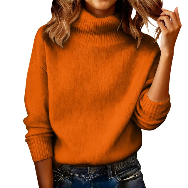 Comdrip Chandails Confortables pour Femmes Chandails Surdimensionnés Confortables en Tricot Col Rond Automne Chandail Tendance Tenues d'Automne Chandail Col Roulé Femmes, Orange P