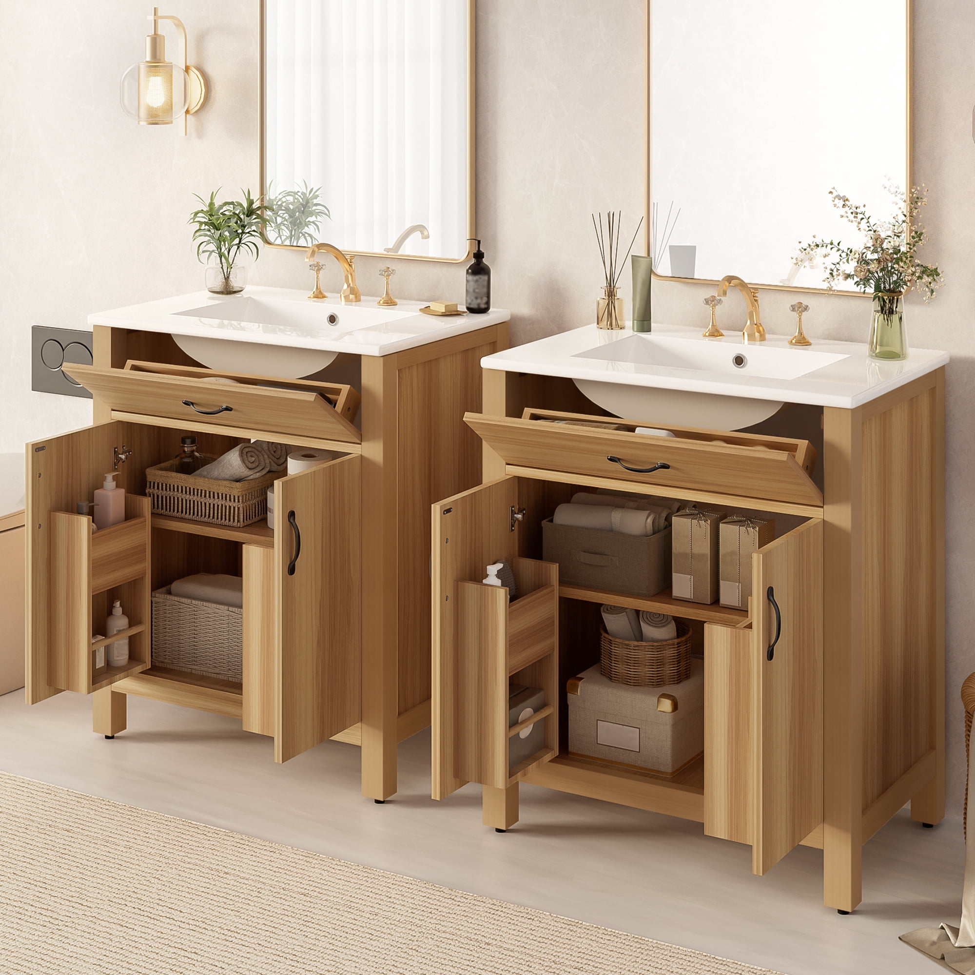 Euroco 60" Wood Bathroom Vanity with Solid Wood Frame, 4 Soft Close Doors,2 Flip Drawer, Adjustable Shelf, Modern Storage Cabinet