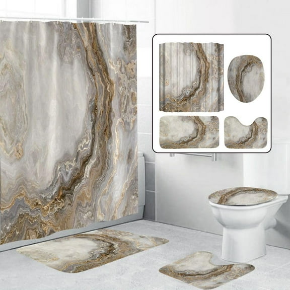 4 Pcs Shower Curtain Sets with Rugs, Brown Gray Bathroom Sets with Shower Curtain and Rugs, Modern Abstract Shower Curtains for Bathroom with Toilet Lid Cover and Non-Slip Rugs