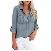 Blouses Button-Down Shirts for Women Long Sleeve Denim Shirt Pocket V Neck Tee Casual Popular Blouse Tops
