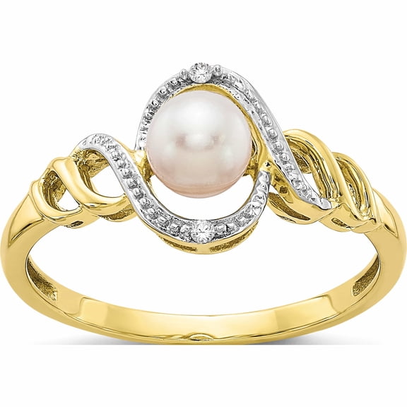 10K Yellow Gold Fw Cultured Pearl And Diamond Ring (Size 7) Made In India 10xb303