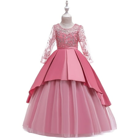 

Jerdar Toddler Girls Princess Dress Little Girls Party Wedding Formal Dress Lace Embroidery Flowers Net Bowknot Dress Kids Pageant Flower Girl Long Sleeve Dress Pink (13-14 Years)