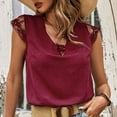 thumbnail image 3 of Camiseta con cuello en V para mujer, empalme de encaje, cierre de correa sin espalda, manga corta, camiseta informal de verano, rojo vino XL, 3 of 6