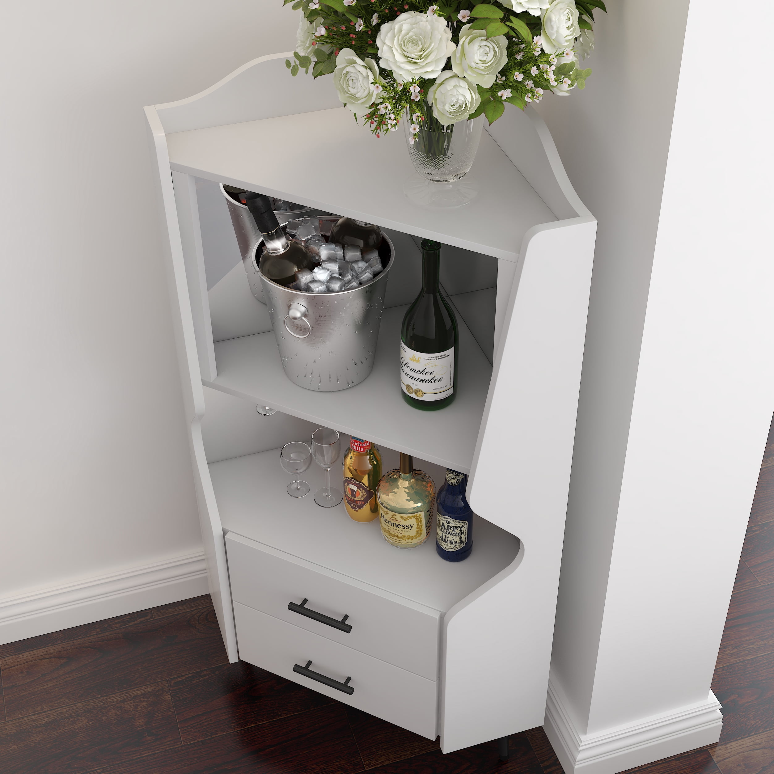 Leumius Corner Coffee Bar Cabinet with 2 Open Shelves and 2 Drawers,Mirrored Back Sideboard,High Legs for Dining Room,White