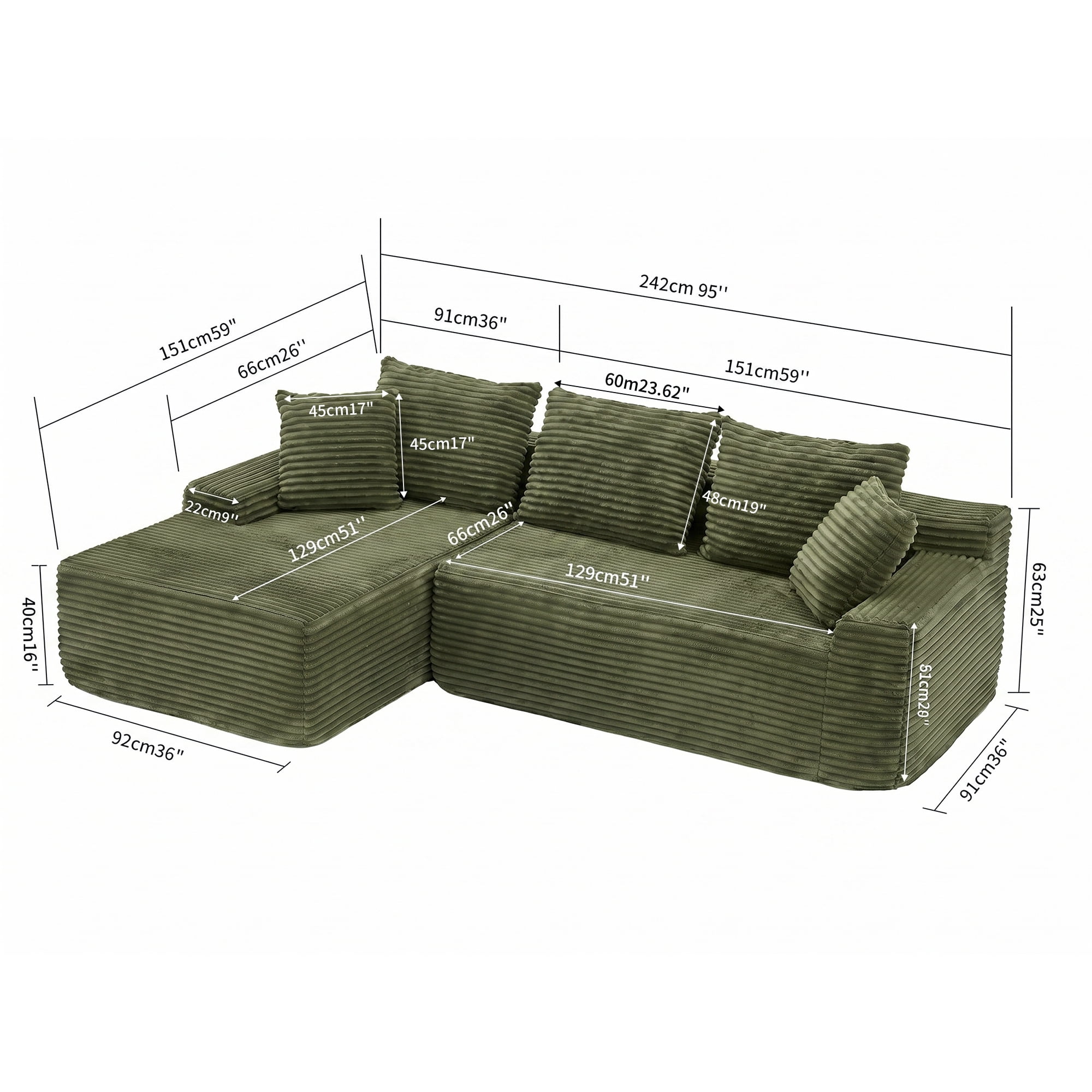 Leumius 95" Boneless Modular Sectional Sofa with Chaise,L-Shaped Comfy Corduroy Couch with Deep Seat,Upholstered Sectional Couch for Living Room, No Assembly,Green