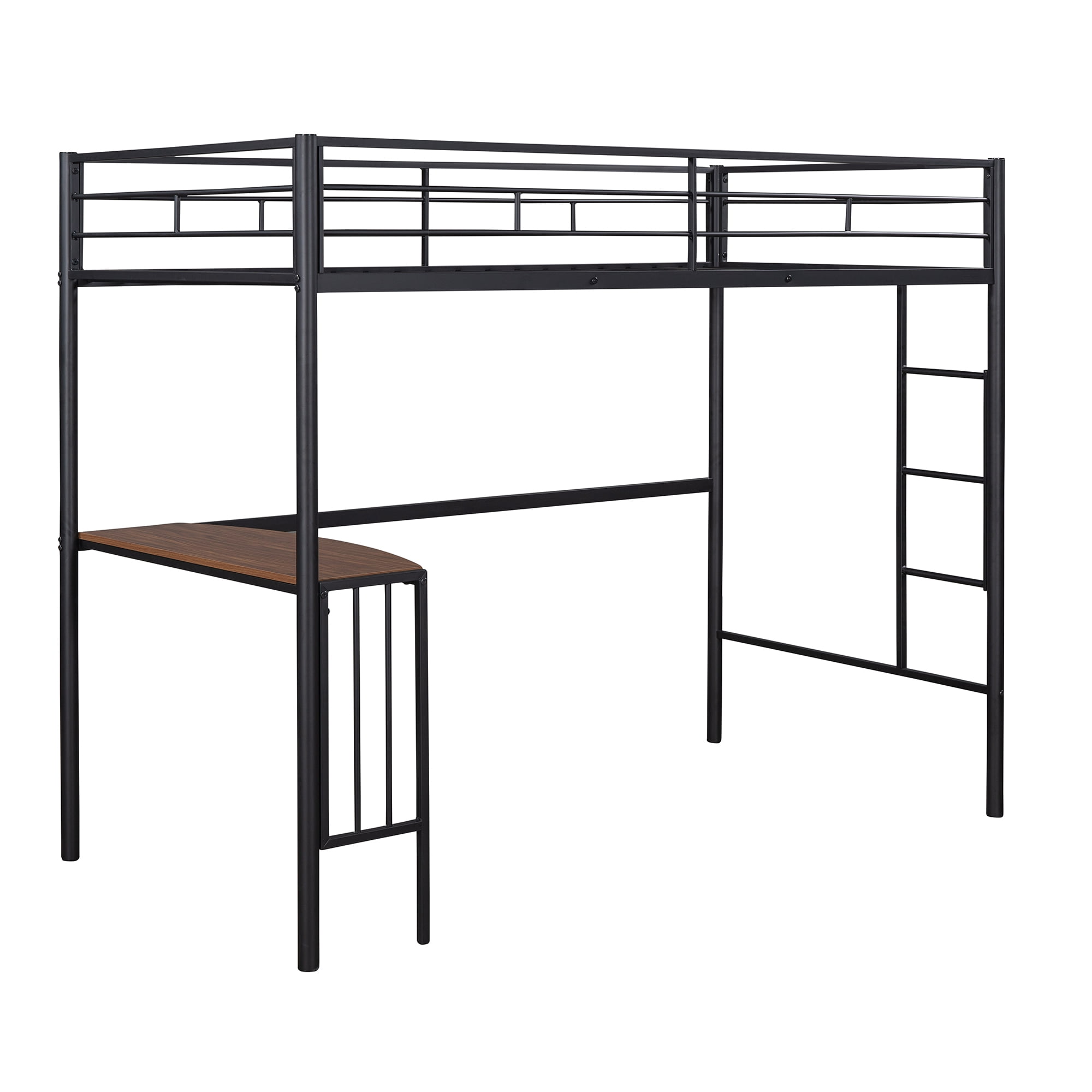 Gewnee Twin Size Metal Loft Bed Frame with Desk,Full-Length Guardrails and Ladder,Black