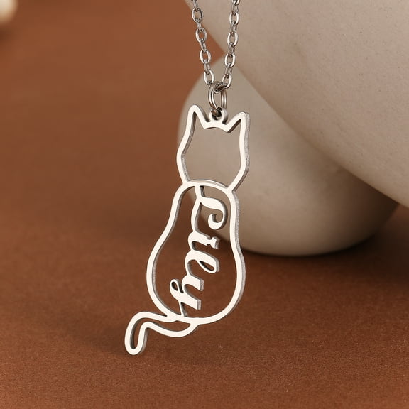 Stainless Steel Cat Animal Custom Engraving Name Letter Pendant Necklace Charm Personalized Pet Lover Gift Jewelry ﻿