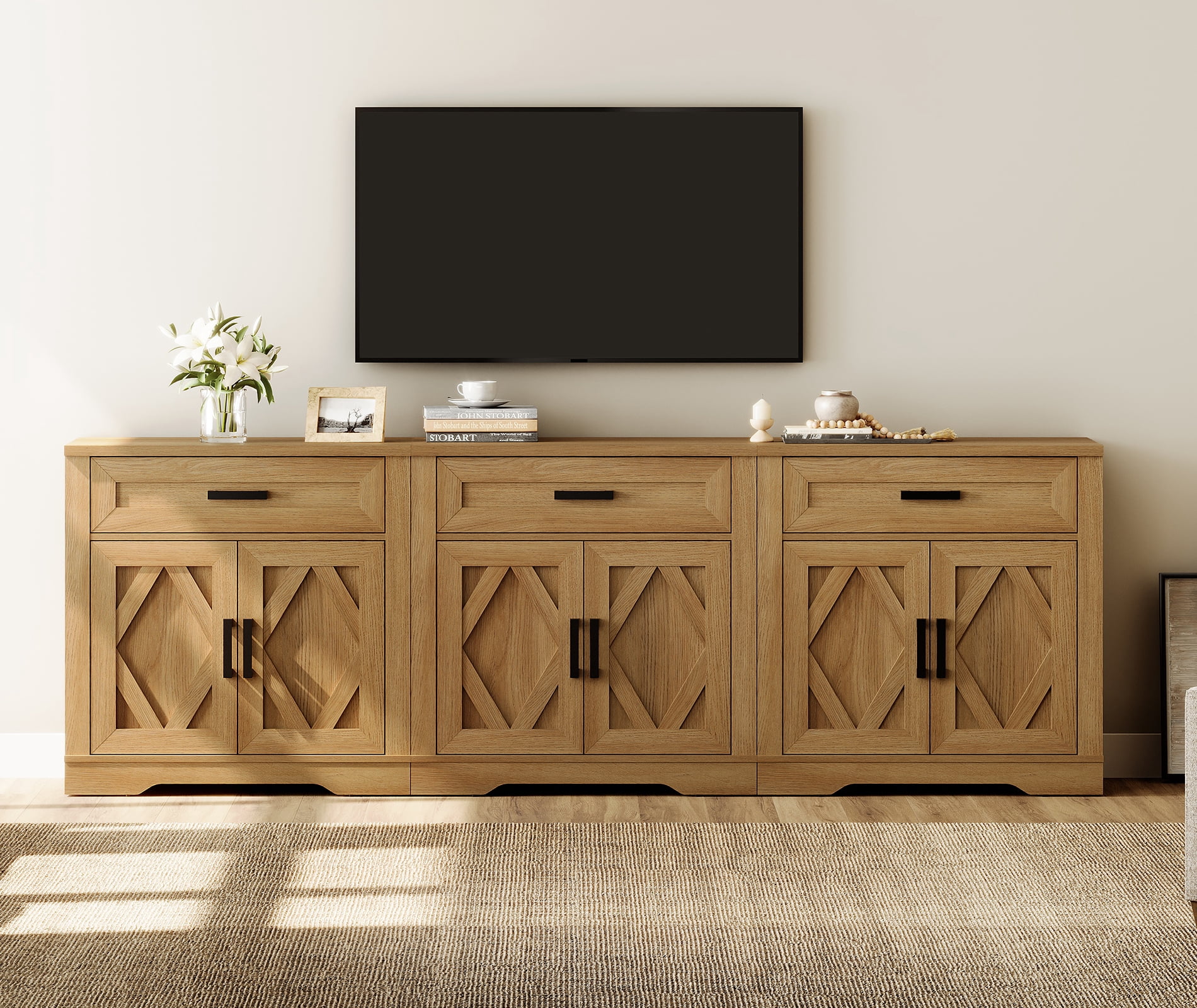 WAMPAT 94.5"W Farmhouse Buffet Sideboard with Barn Doors, Drawer & Storage, Light Oak