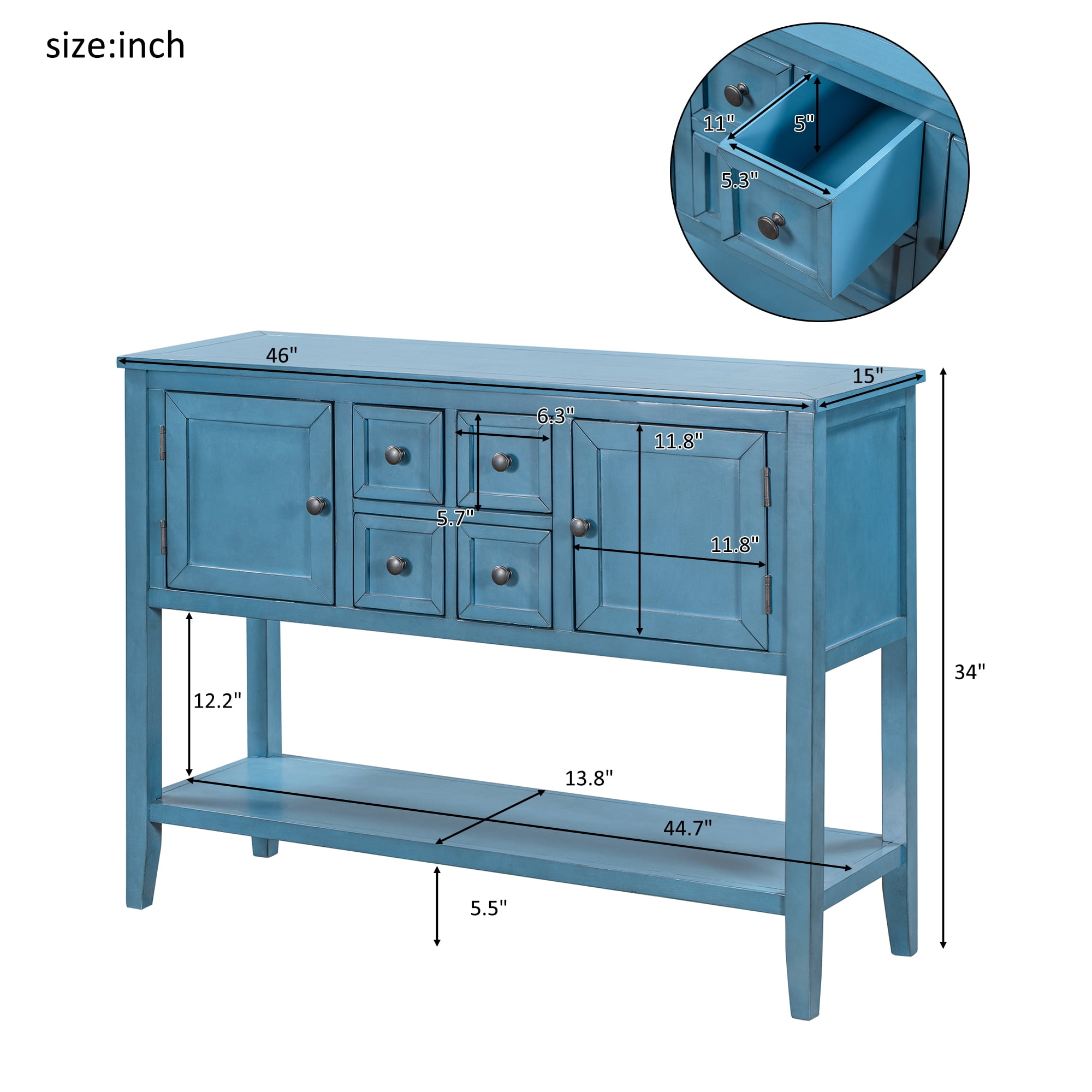 Console Table with 4 Storage Drawers,Storage Vintage Wood Buffet Sideboard Desk with 2 Cabinets and Bottom Shelf, Retro Entryway Table Cupboard for Living Room, Foyer, Hallway