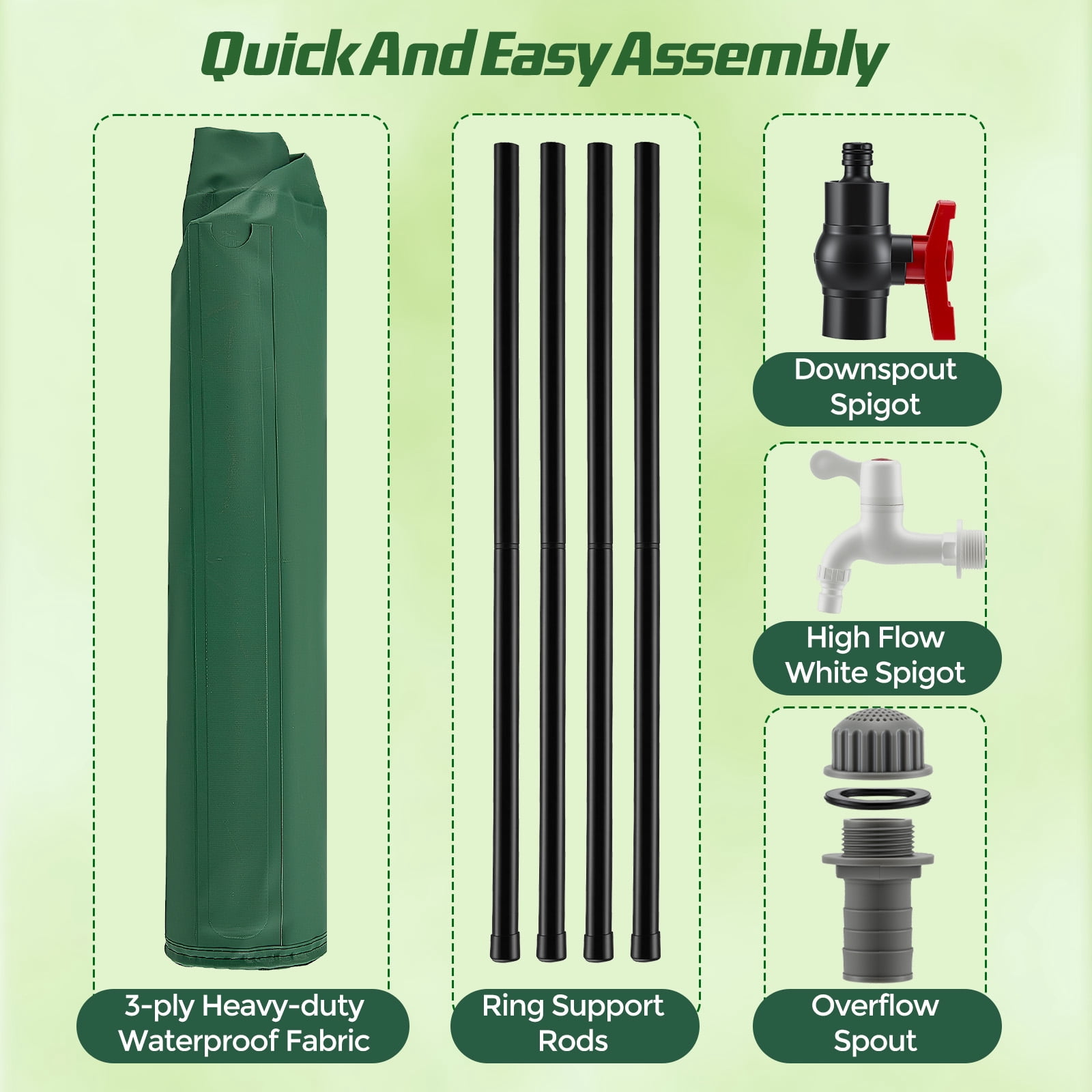 YTAKY Collapsible Rain Barrel 53 Gallon, Portable Rain Water Collection Barrel with 1000D Oxford Cloth, Spigot and Overflow Kit for Garden, Lawn, Outdoor - Green