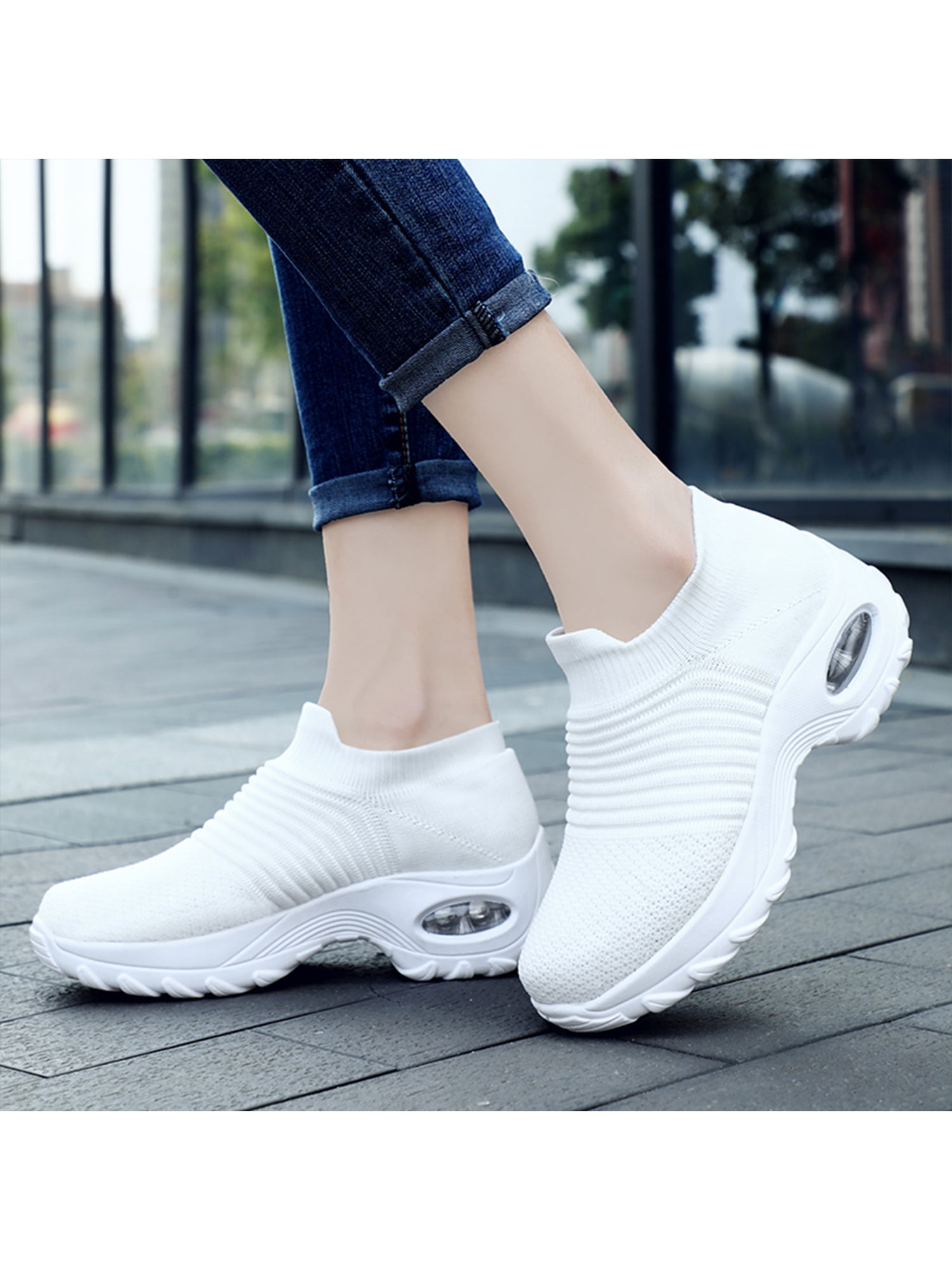 Women's Walking Shoes Sock Sneakers Mesh Slip On Air Cushion Lady Nurse Shoes Jazz Dance Easy Shoes Platform Loafers Black&White,9 