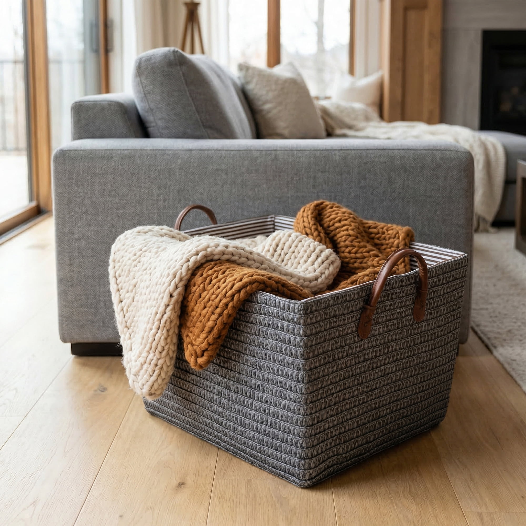 Unique Bargains Good-quality Woven Shelf Closet Storage Bin Grey 17.7*13.8*9.8in