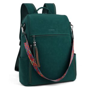 FADEON Leather Laptop Backpack for Women Designer 15.6 inch PU Laptop Bag, Ladies Travel Computer Work Backpack Green