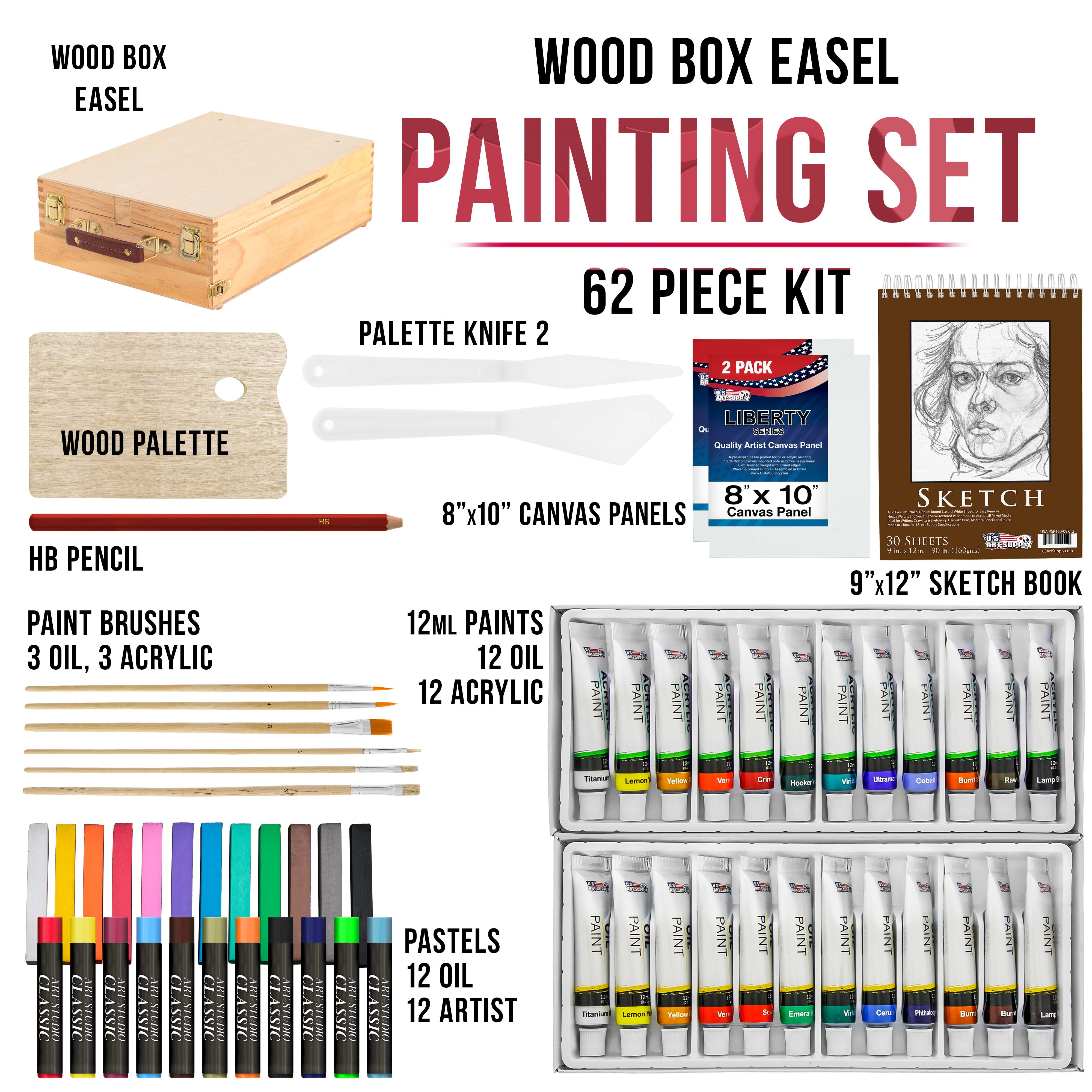 U.S. Art Supply Paint and Sip Art Party Painting Kit - 6 Easels, 12 Paint Tube Set, 12 Canvas Panels, 6 Brush Sets & 6 Aprons