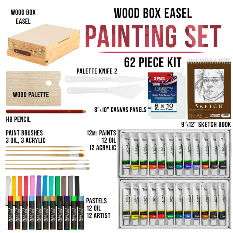US Art Supply 21-Piece Oil Painting Set with Table Easel, Canvas, 12 Colors