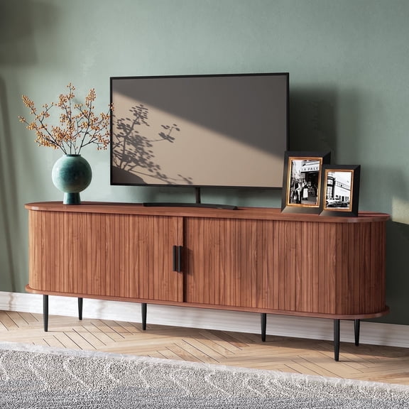 HLR Modern 70" TV Stand for 75"/85" TV, Wood Entertainment Center with 2 Sliding Doors Storage, Brown