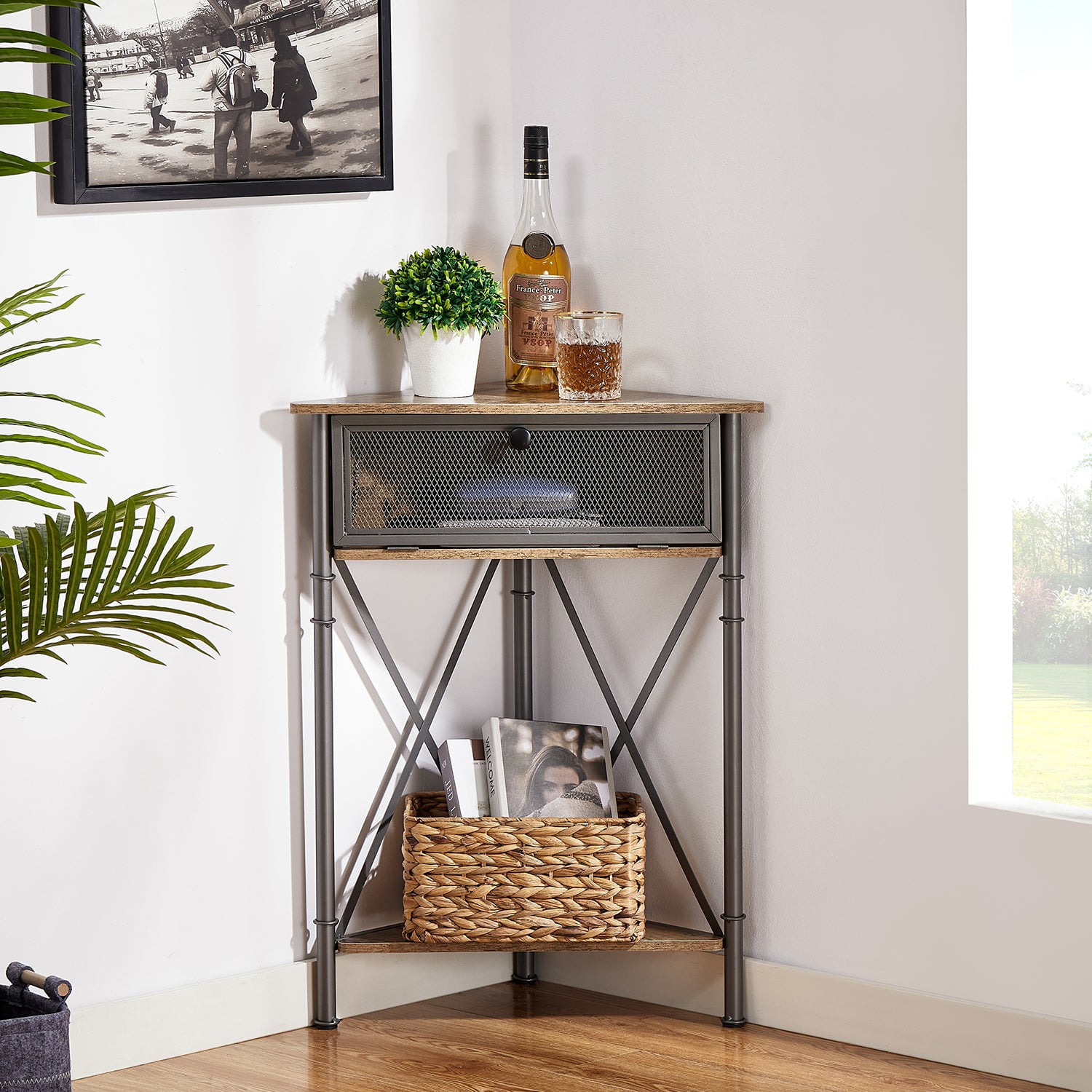 VECELO Corner Storage Cabinet with Wooden Shelves Free-Standing Organi