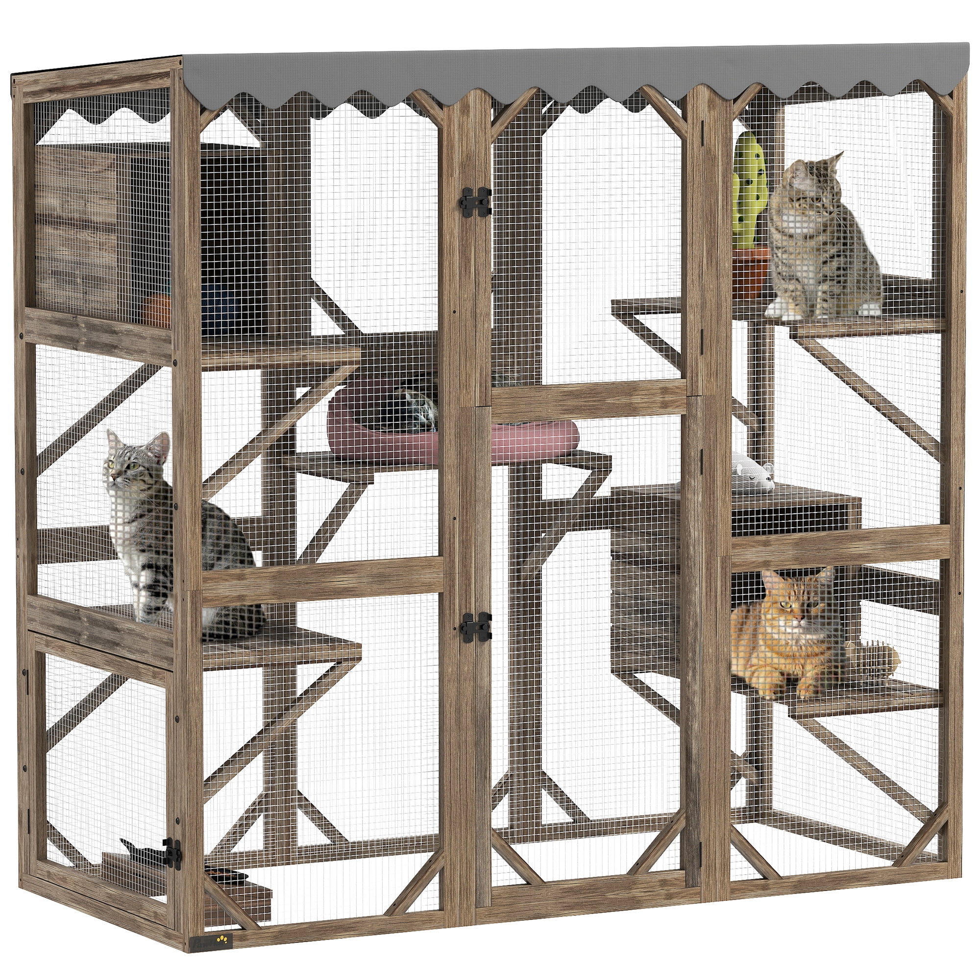 PawHut Catio Outdoor Cat Enclosure, Wooden Cat House with Window Access, 5 Platforms and 2 Resting Boxes, Waterproof Roof for Multiple Cats, Brown