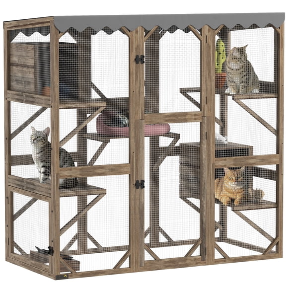 PawHut Catio Outdoor Cat Enclosure, Wooden Window Cat House, Brown