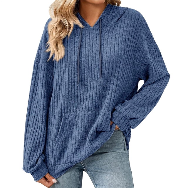 Sudadera con Capucha de Punto Acanalado para Mujer, Sudaderas Extragrandes con Bolsillo Tipo Canguro, Tops Casuales Holgados con Cordón Azul XL