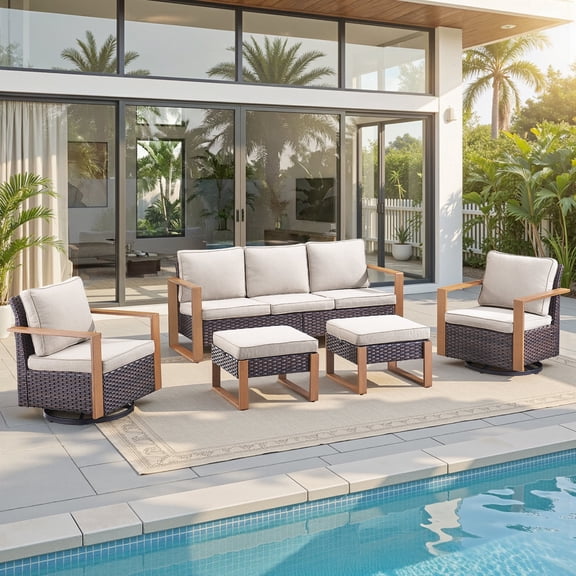Gymojoy 5-Piece Wicker Patio Furniture Set with Swivel Rocker Chairs, Outdoor Patio Sofa Set with Anti-Rust Wide Metal Armrests for Deck Backyard Sunroom