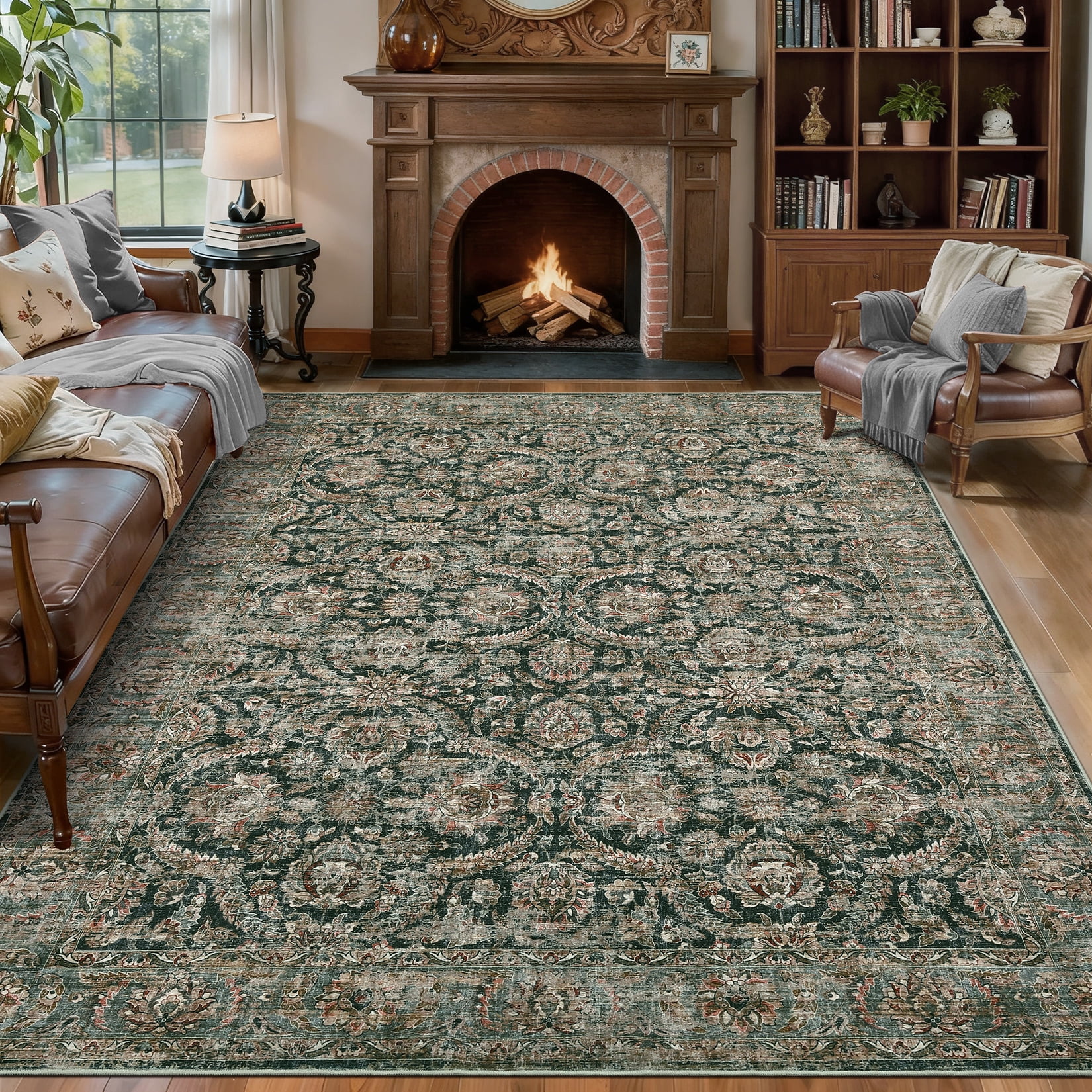HOMERRY Washable Area Rug 5' x 7' Throw Rug for Living Room Vintage Floral Indoor Floor Cover, Black