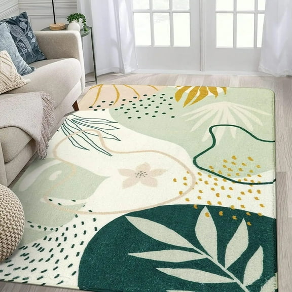 Green Print Machine Washable Living Room Rug Bedroom Bedside Non-Slip Floor Mat Indoor Carpet for Office Laundry Room Home Decor