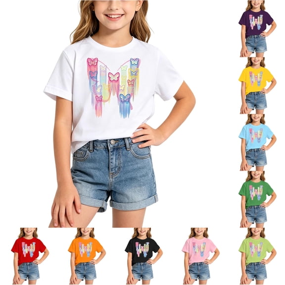 RMGVDSD Girls Short Sleeve Graphic T-Shirt Fashionable Casual Summer Tee Shirts for Kids Stylish Everyday T Shirt Tops 10-12 Years
