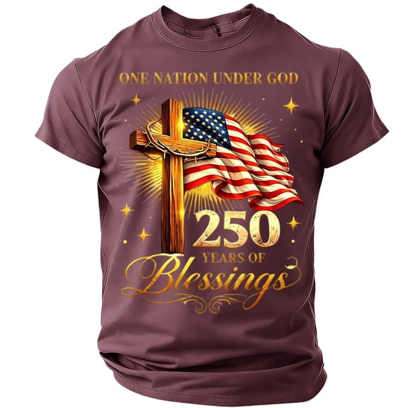 Patriotic Men's T-Shirts 250 Years of Blessings Crewneck 4th of July American Flag Tees Casual Short Sleeve Shirts Wine 4XL