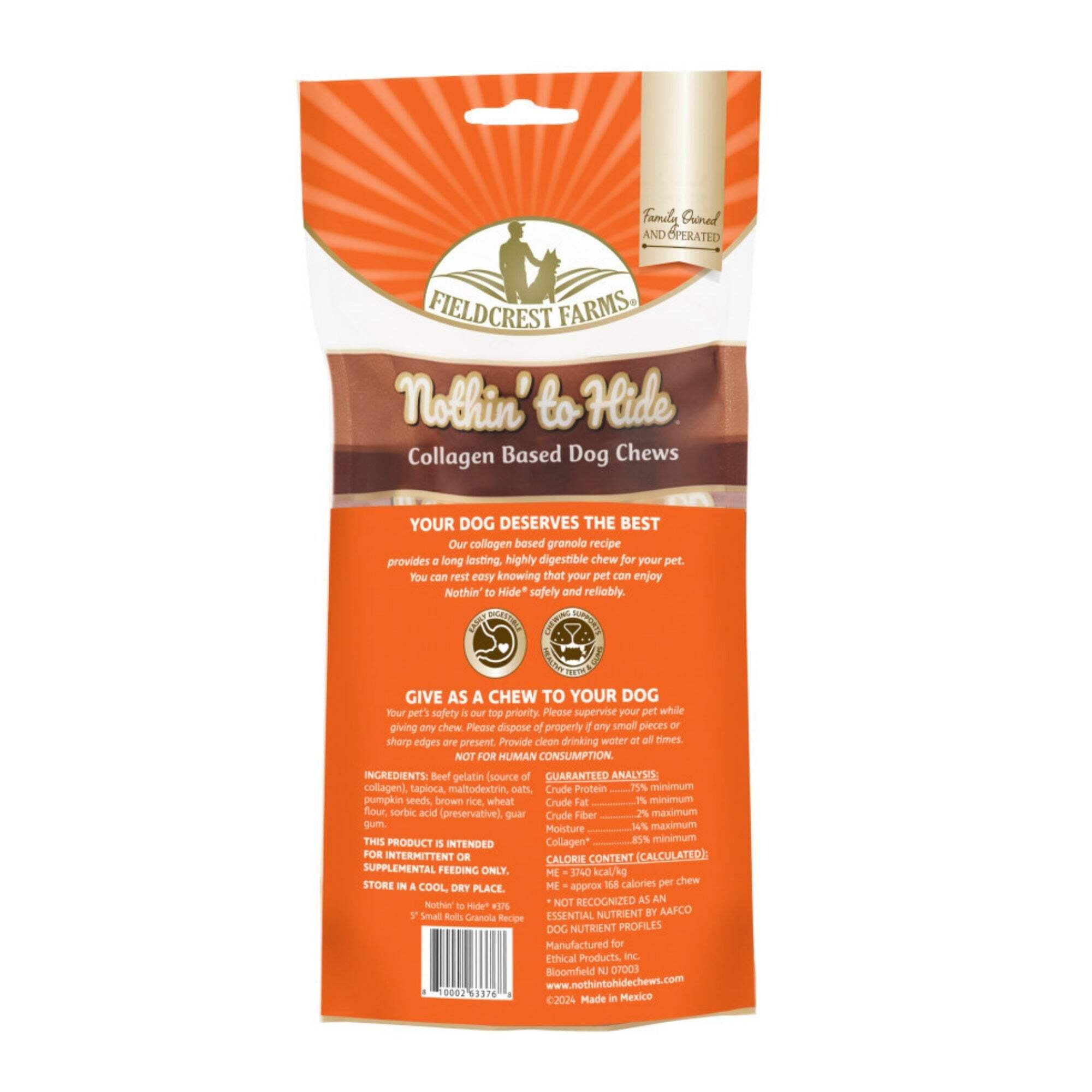 Fieldcrest Farms Nothin' to Hide Collagen Based Granola Recipe Dog Chews 5 Inch Small Rolls 2 ea