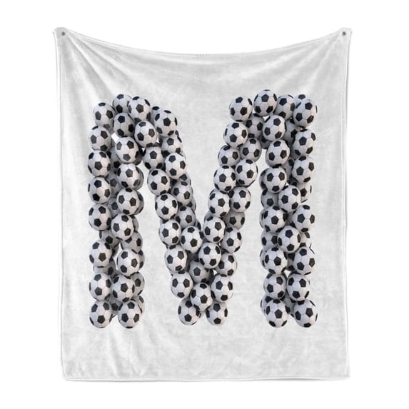 Letter M Soft Flannel Fleece Throw Blanket, Diagonal and Vertical Stack of Soccer Balls Alphabet Letter Design, Cozy Plush for Indoor and Outdoor Use, 50" x 70", White Charcoal Grey, by Ambesonne