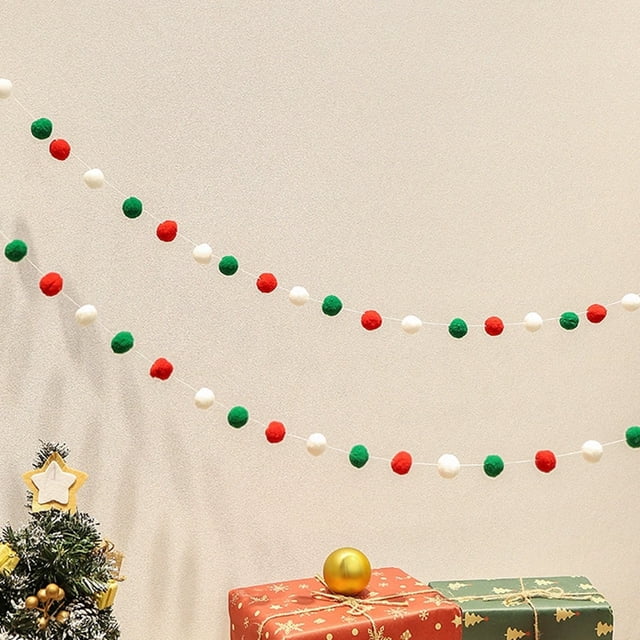 Corona Navideña de Bolas de Fieltro, 2 M (6.6 Pies), Roja, Blanca y Verde | Hecha a Mano, 30 Bolas de Lana | Bolas de 2.5 Cm (1 Pulgada) de Diámetro | Ideal para Decorar Chimenea, Árbol, Puerta o Esc