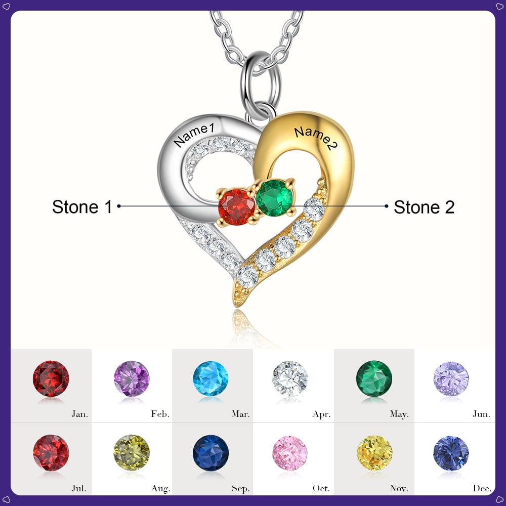 Personalized Family Birthstone and Names Heart Necklace