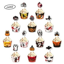 Monebena 24PCS Halloween Cupcake Toppers Wrappers, Horror Halloween Cake Decorations Ghost Pumpkin Bat Cake Toppers Halloween Holiday Cake Baking Party Supplies M01