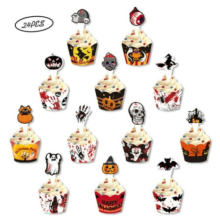 Monebena 24PCS Halloween Cupcake Toppers Wrappers, Horror Halloween Cake Decorations Ghost Pumpkin Bat Cake Toppers Halloween Holiday Cake Baking Party Supplies M01