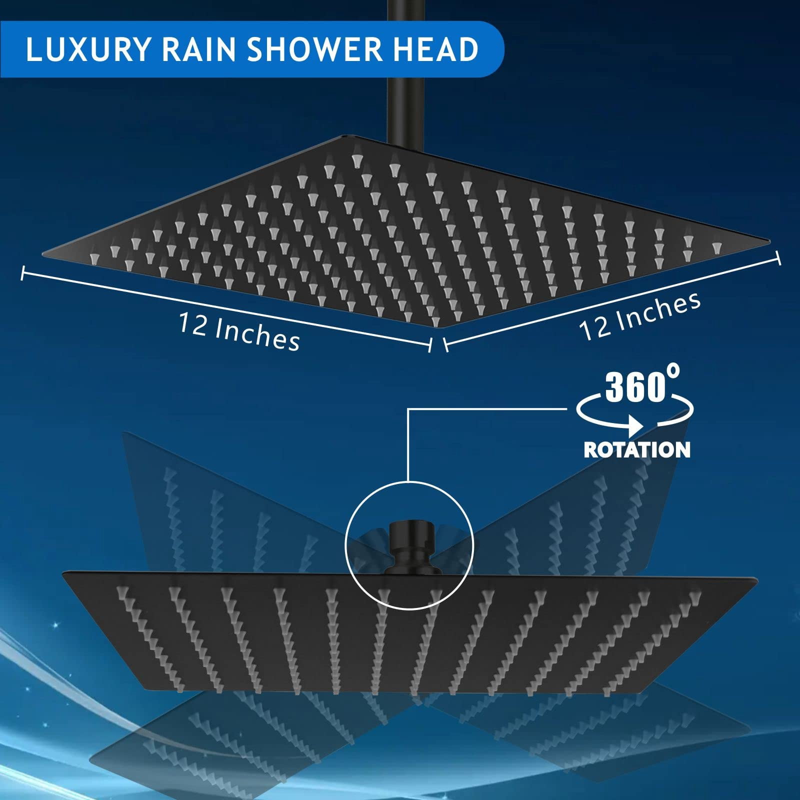 Rain Shower Head - High Flow Large Rainfall Heads Made Of Stainless Steel Waterfall Bathroom Square Showerhead Ceiling Or Wall Mount (12" Black)
